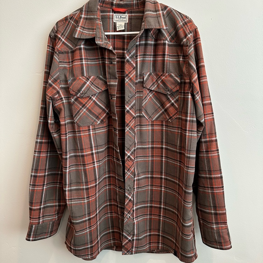 LL Bean‎ Mens Large Tall Plaid Flannel Shirt Red Gray Snap Western 292160